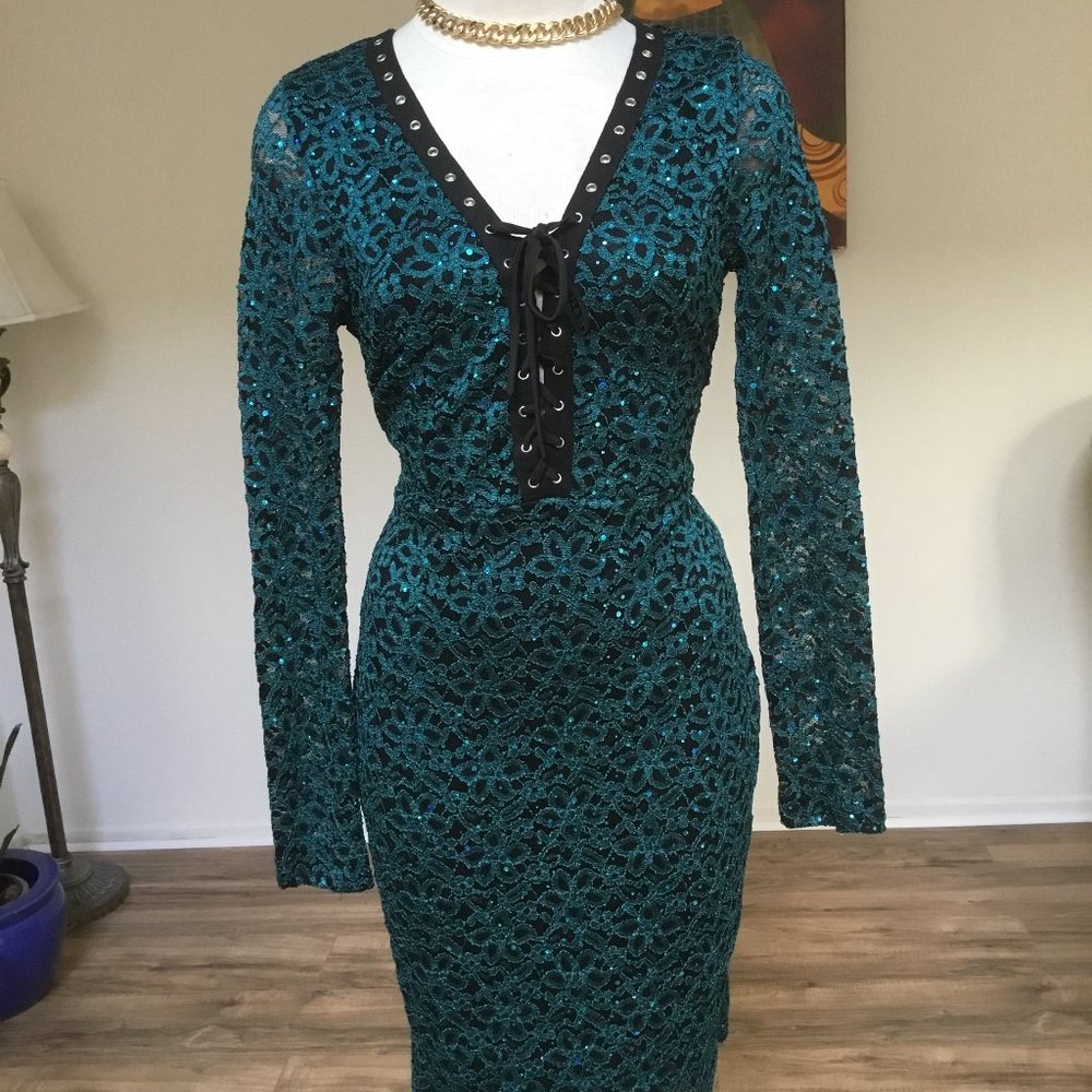 IPONA Pencil Sequined Lace Short Dress Long Sleeve V-Neck Party Cocktail Teal M